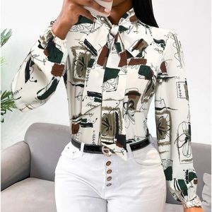 Classic Elegant Abstract Geo Print Tie Neck Top Blouse Shirt